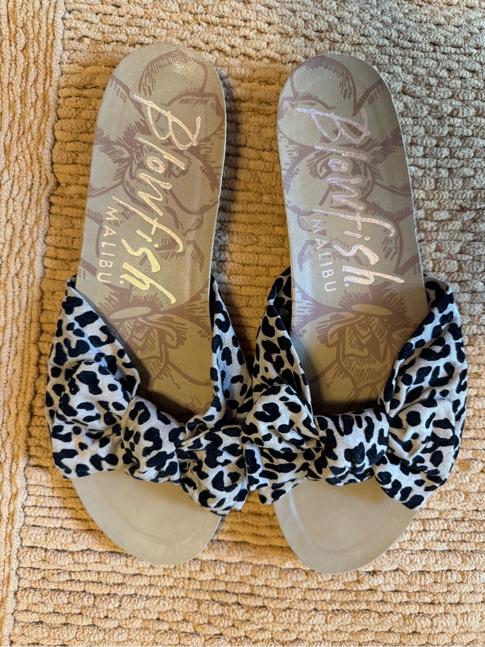 Blowfish Leopard Bow Slide Sandals in Black and White